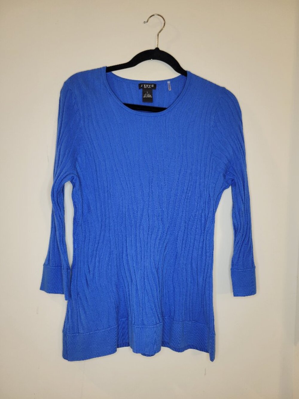 J'Envie Cobalt Blue Ribbed Knit Sweater L 3/4 Sleeve Crewneck Pullover